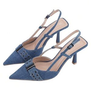 Stylish denim 3 inch, stiletto pointed toe heels size 11 wide feet friendly’ish